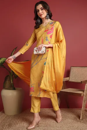 Mustard Silk Blend Floral Printed Straight Suit Set