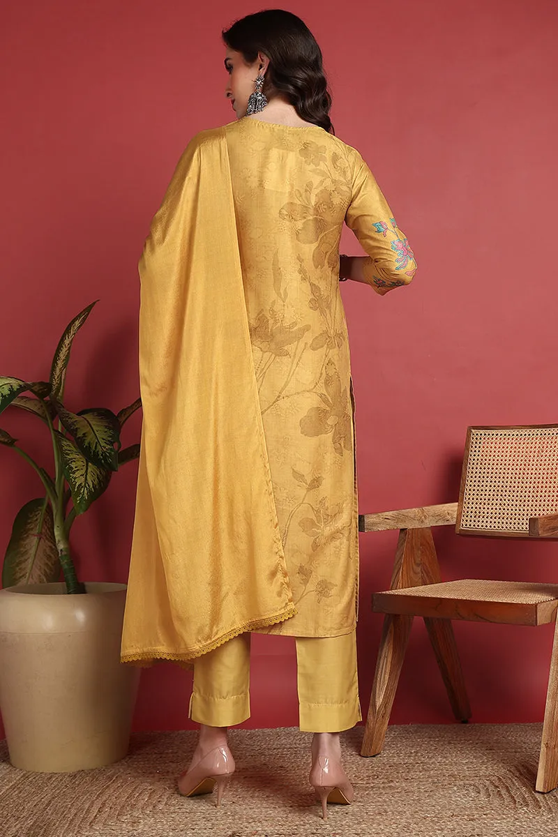 Mustard Silk Blend Floral Printed Straight Suit Set