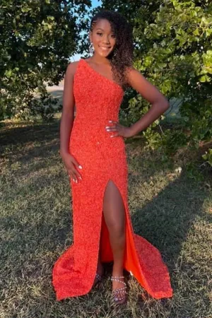 One Shoulder Open Back Mermaid Orange Sequins Long Prom Dress,Shiny Formal Dress,Sexy Night Dress