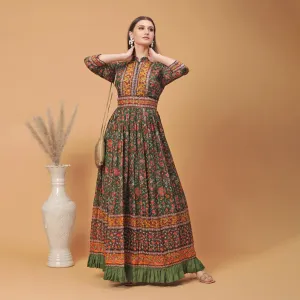 Pannkh Luxe Green All Over Printed Anarkali Gown With Front Border