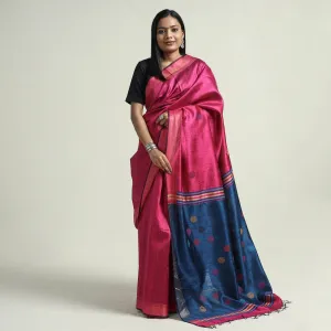 Pink - Bhagalpuri Pure Desi Tussar Silk Handloom Saree with Zari Border