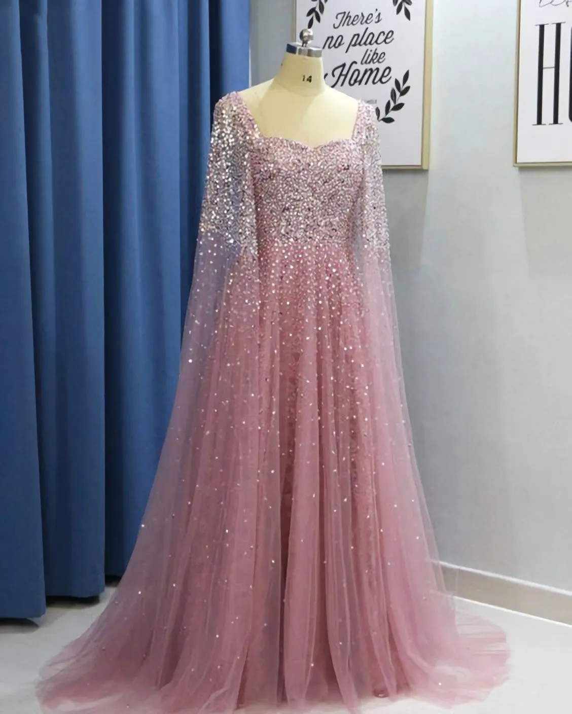 Pink Tulle Open Back Long Sleeve Sequins Evening Dress Formal Prom Dress