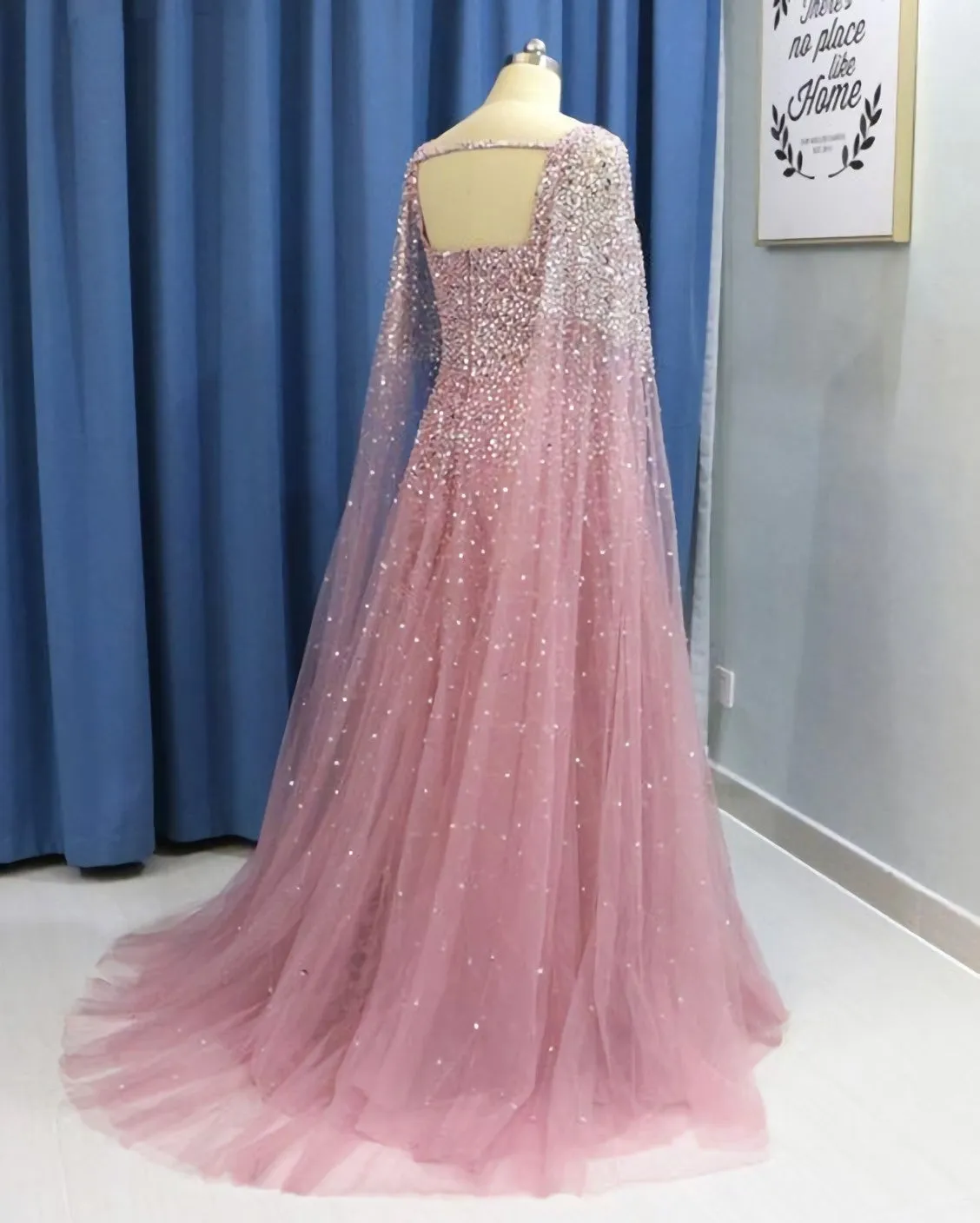 Pink Tulle Open Back Long Sleeve Sequins Evening Dress Formal Prom Dress