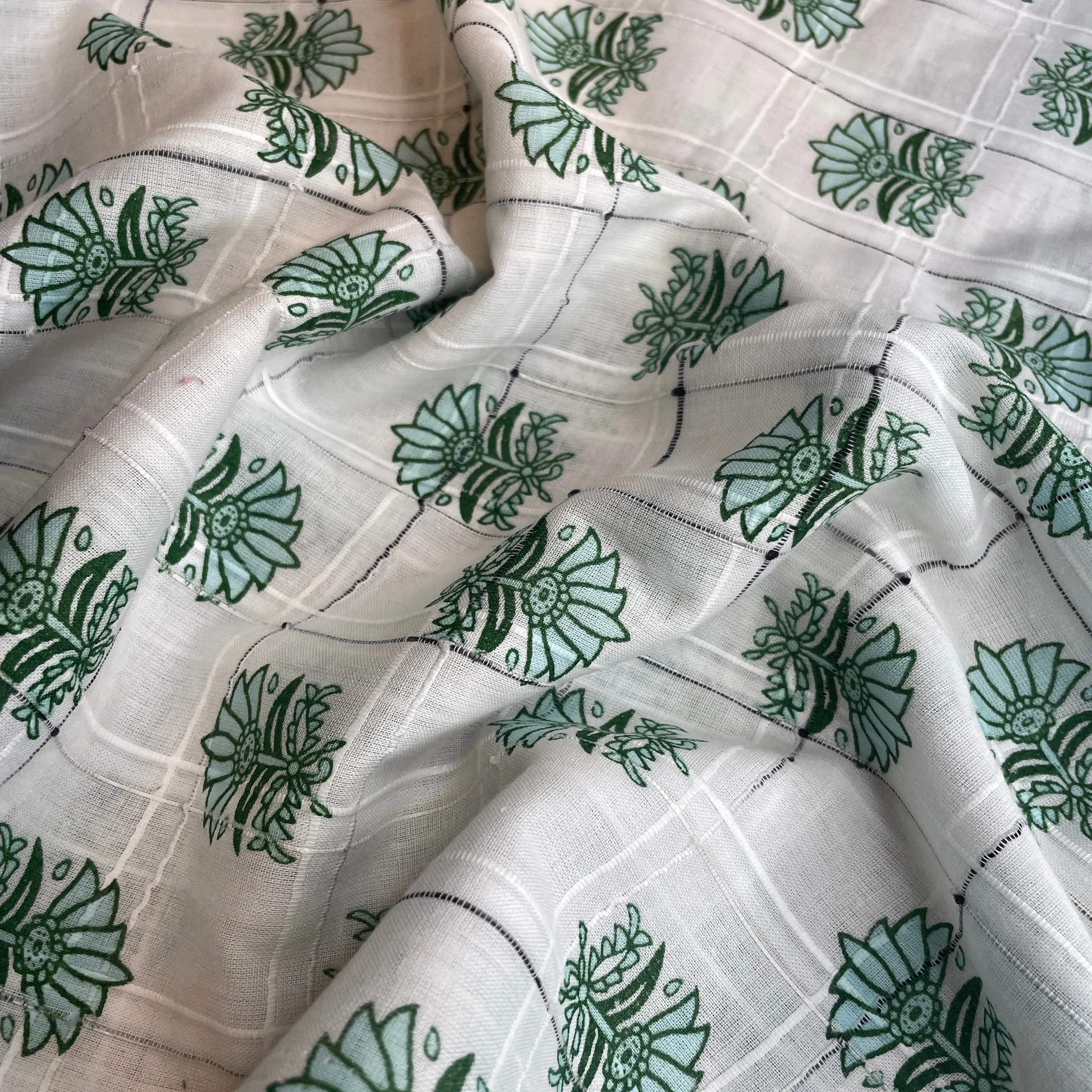 Premium Cotton White Green Flower Embroidary Fabric