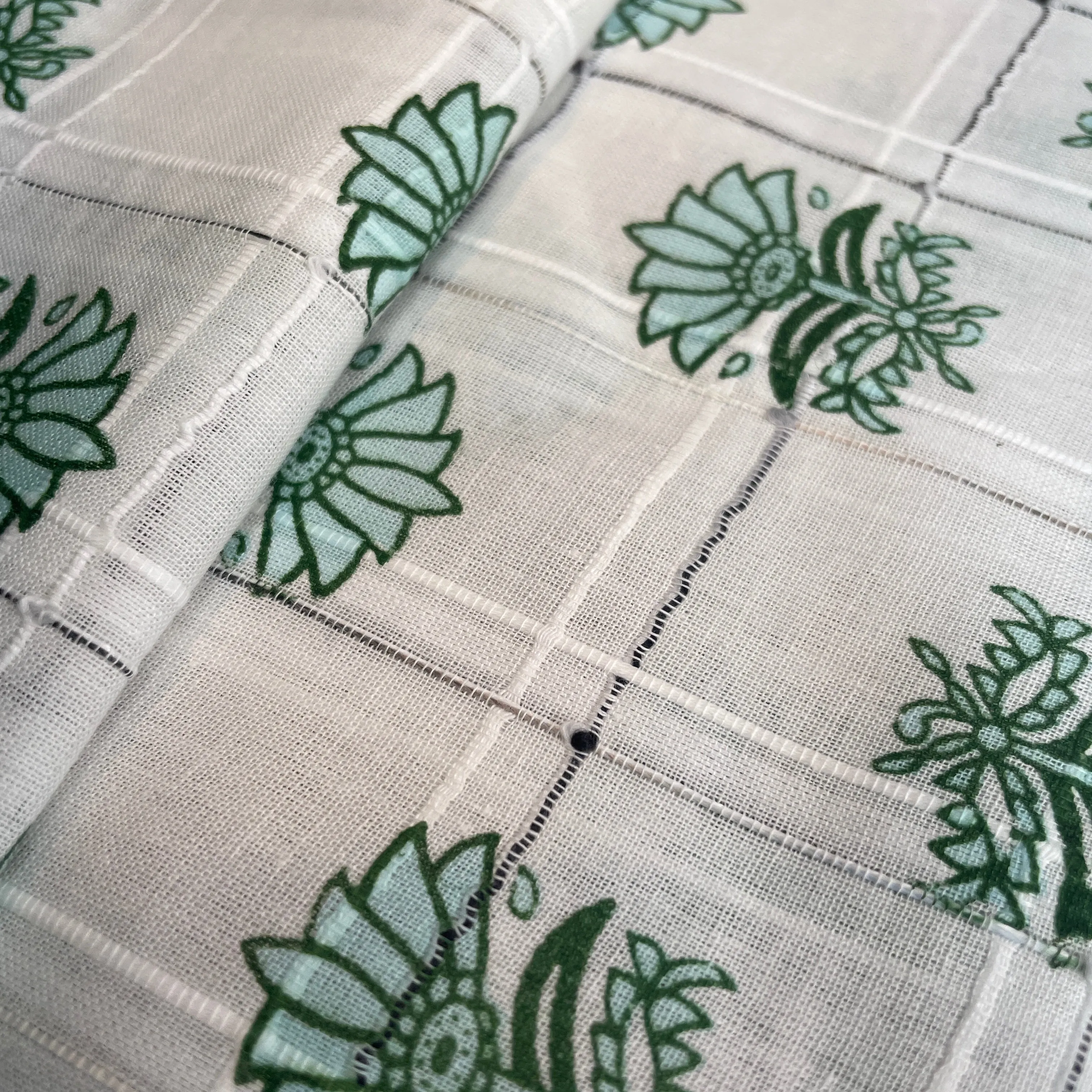 Premium Cotton White Green Flower Embroidary Fabric