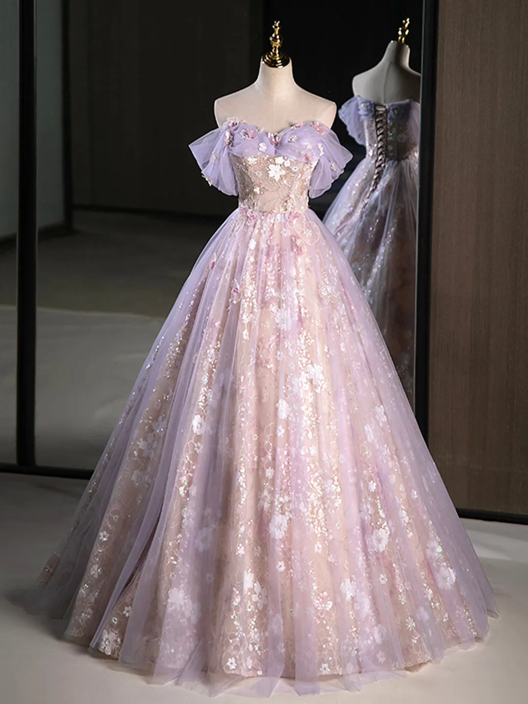 Purple A-Line Off the Shoulder Sequins Prom Dress Lovely Tulle Corset Floor Length Evening Dress