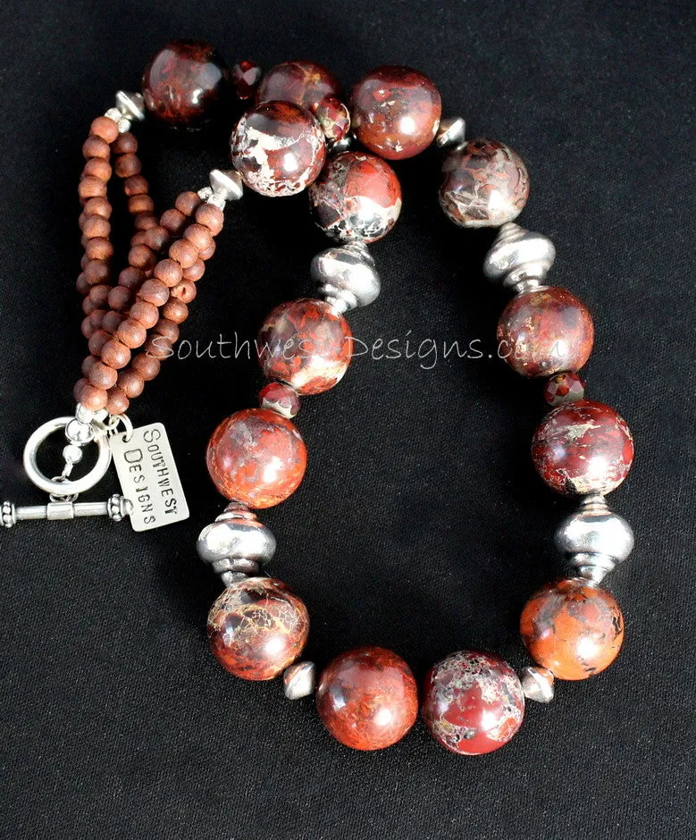 Rainbow Brecciated Jasper Round Bead Necklace with Olive Wood, Czech Luster Glass & Sterling Silver Urn Beads