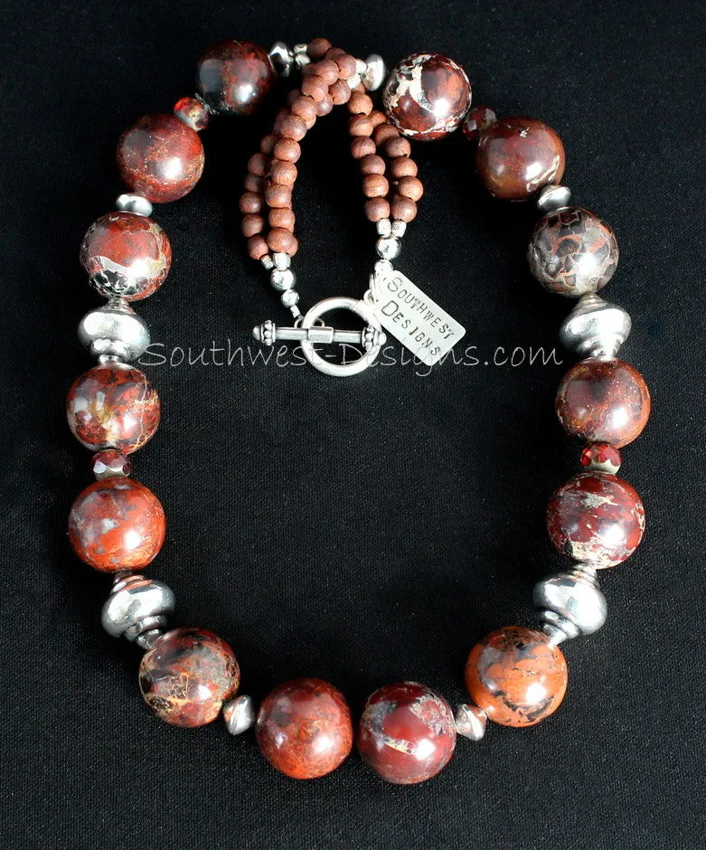 Rainbow Brecciated Jasper Round Bead Necklace with Olive Wood, Czech Luster Glass & Sterling Silver Urn Beads