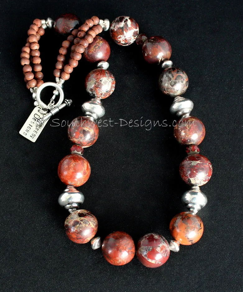 Rainbow Brecciated Jasper Round Bead Necklace with Olive Wood, Czech Luster Glass & Sterling Silver Urn Beads