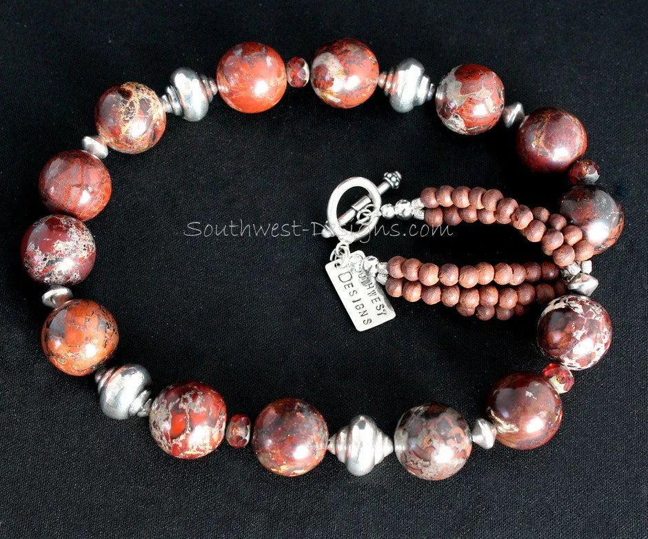 Rainbow Brecciated Jasper Round Bead Necklace with Olive Wood, Czech Luster Glass & Sterling Silver Urn Beads