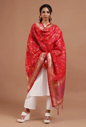 Red Color Semi Silk Dupatta With Zari Weaving