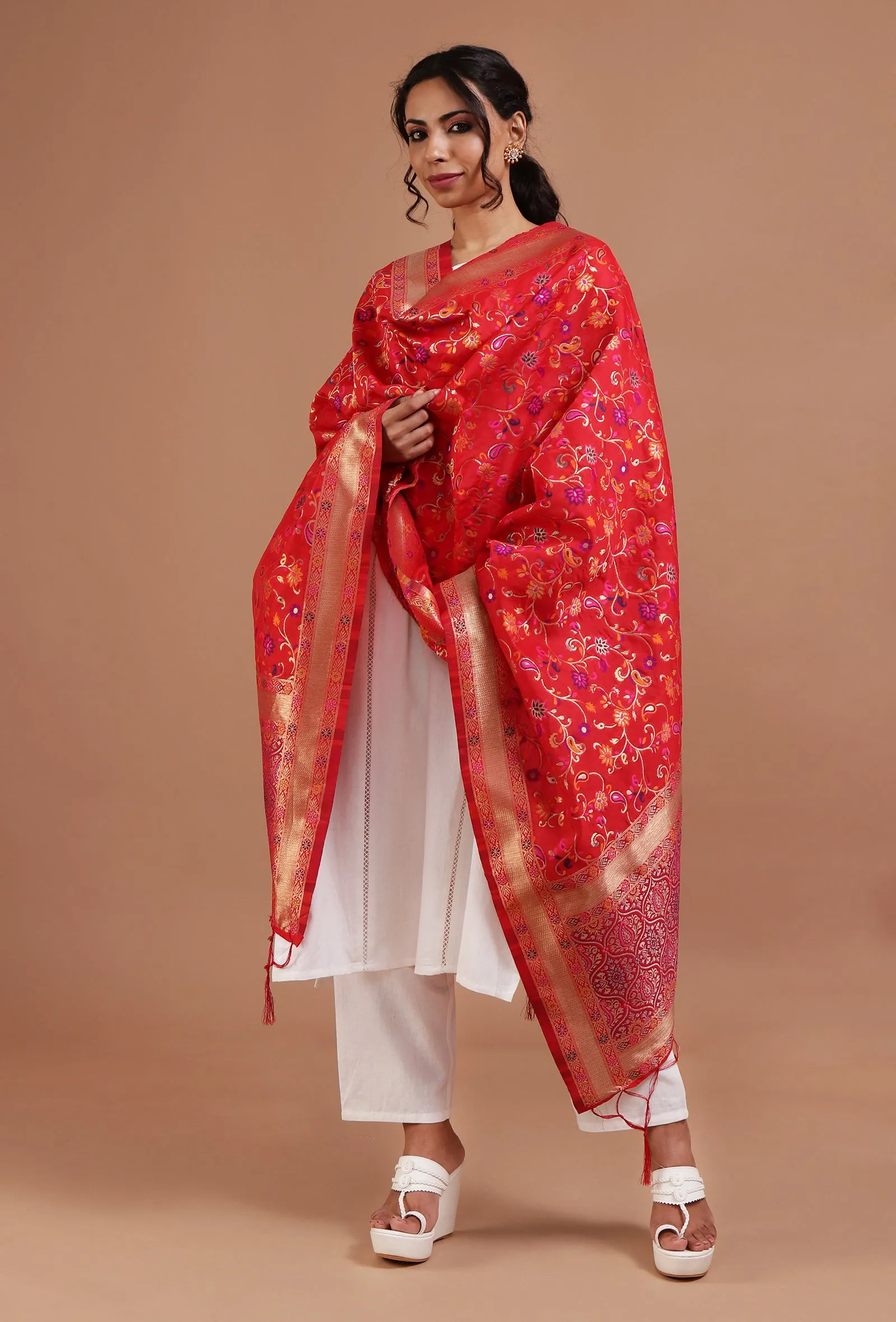 Red Color Semi Silk Dupatta With Zari Weaving