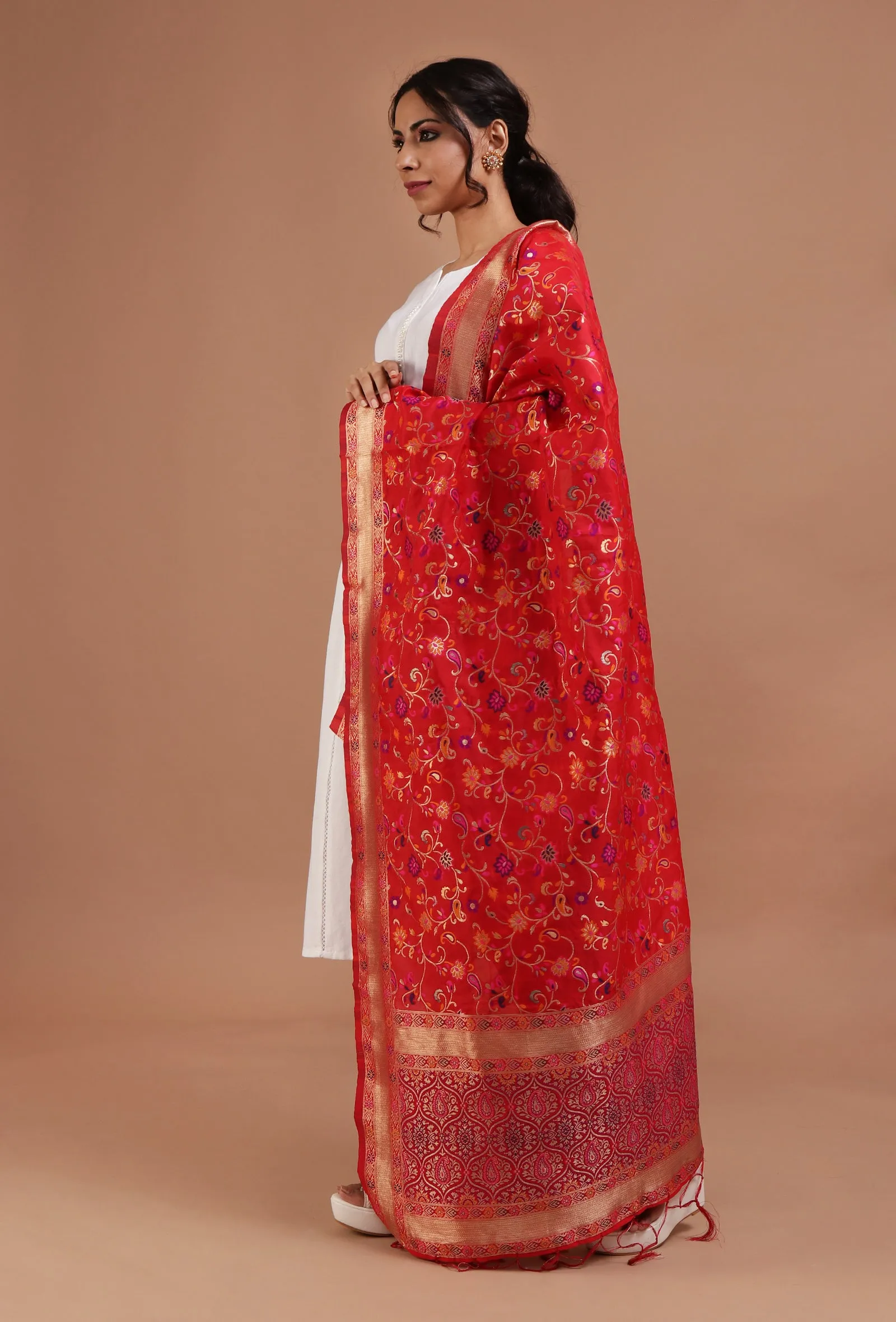 Red Color Semi Silk Dupatta With Zari Weaving