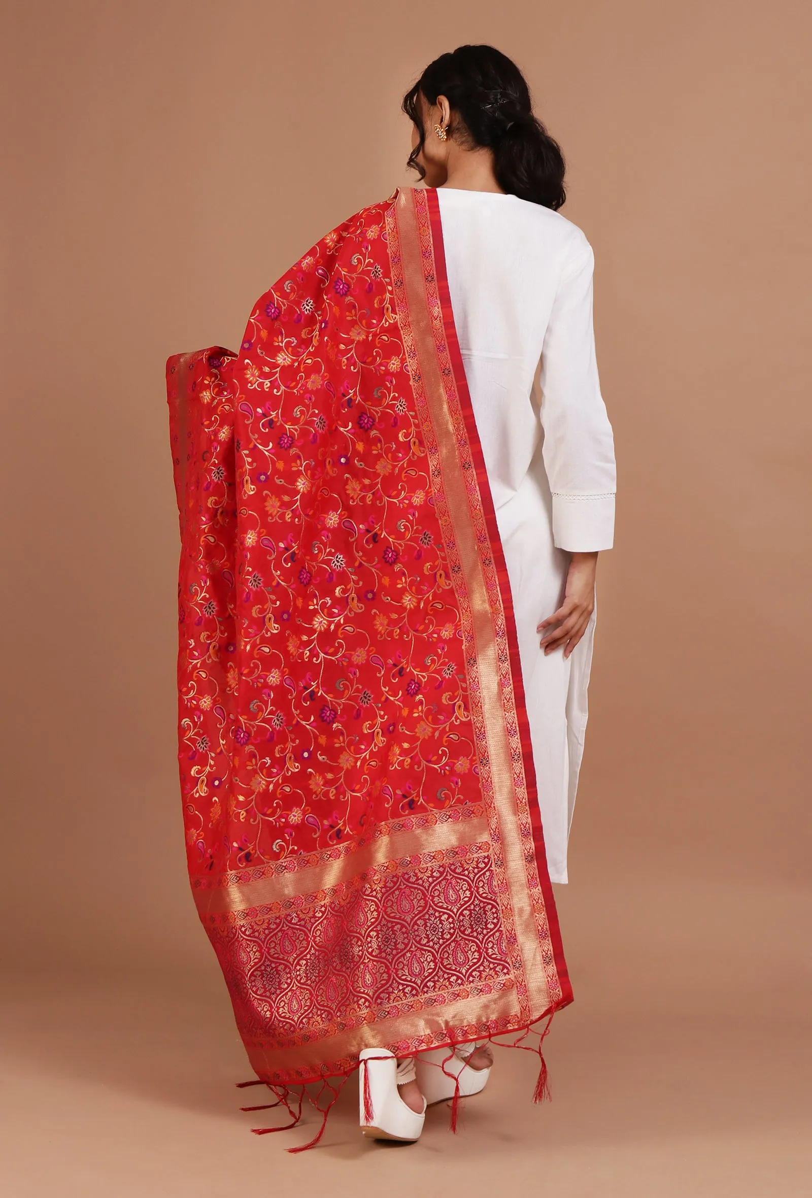 Red Color Semi Silk Dupatta With Zari Weaving