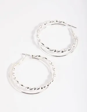 Rhodium Double Twisted Hoop Earrings