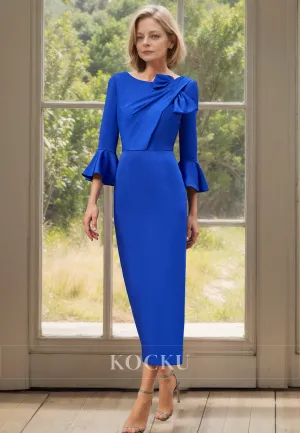 Scoop Neck Long Sleeves Sheath Satin Mother of the Bride Dress with Bow Cocktail Gowns