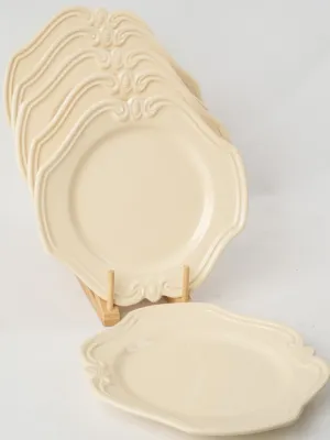 Set of Vintage French Cream Ceramic Plates with Ornate Relief Design 10¾"