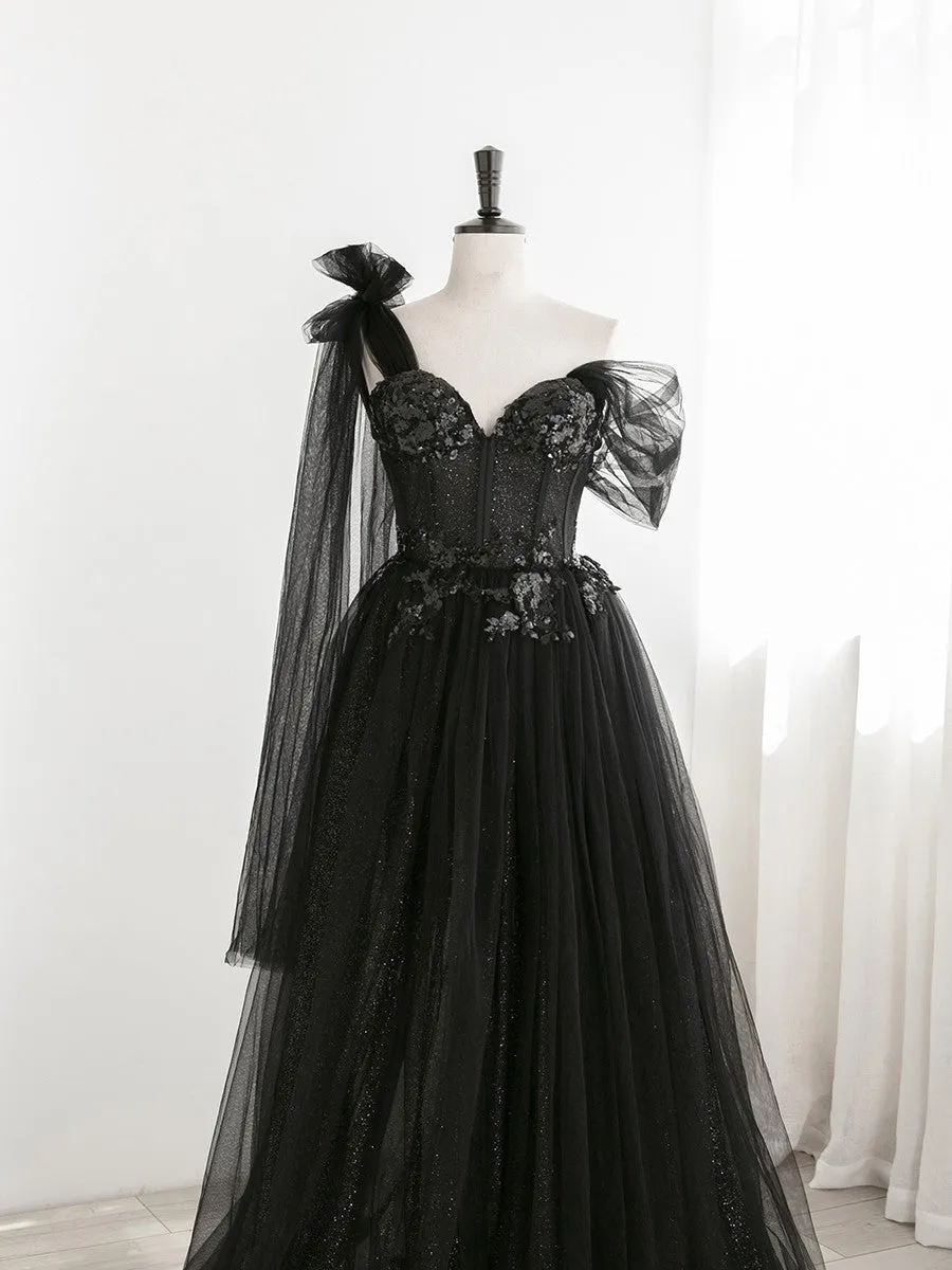 Sexy Black One Shoulder Tulle Sweetheart Sequins Party Dress, Black Evening Gown