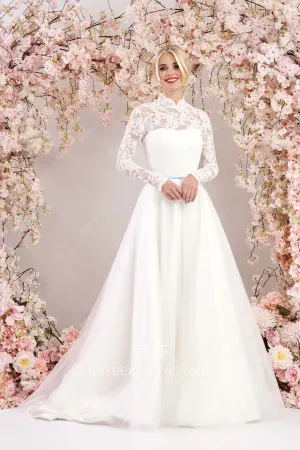 Sheer Long Sleeves Traditional Lace Tulle Ball Gown Wedding Dress