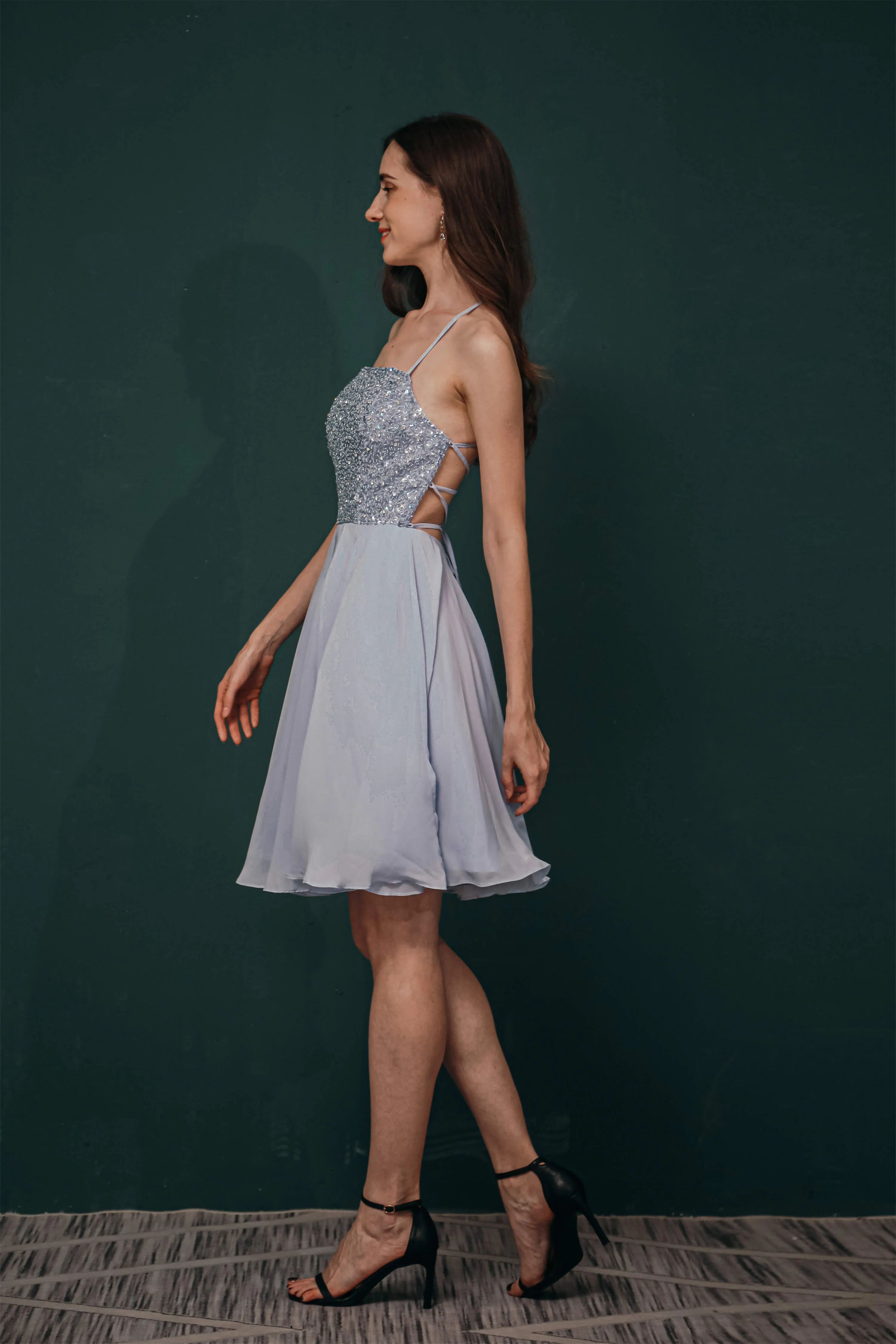 Short A-Line Strapless Beaded Chiffon Homecoming Dresses