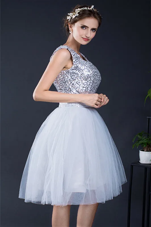 Short Sequin Tulle Lace-up Knee-length Homecoming Dresses