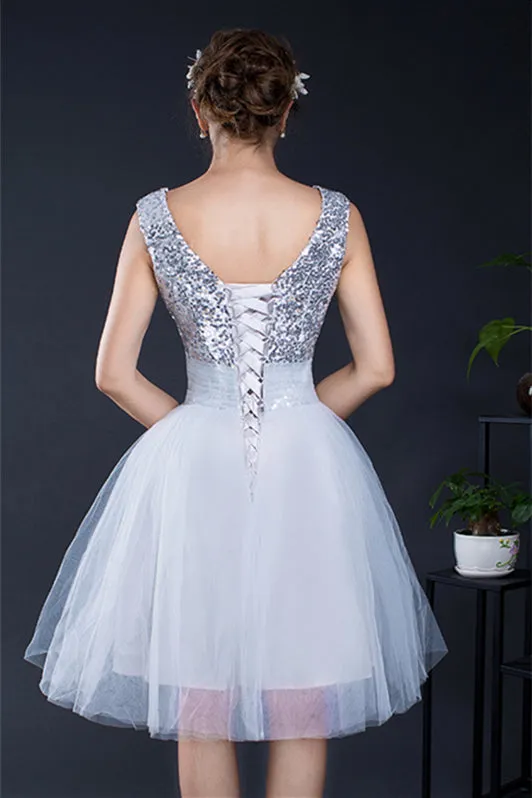 Short Sequin Tulle Lace-up Knee-length Homecoming Dresses