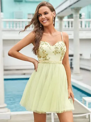 Spaghetti Straps Sweetheart Sequin Short Tulle Prom Dress