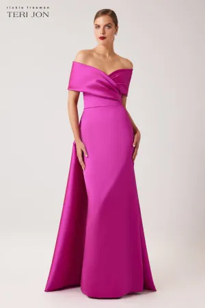 Stretch Gazar Portrait Gown With Attached Cape