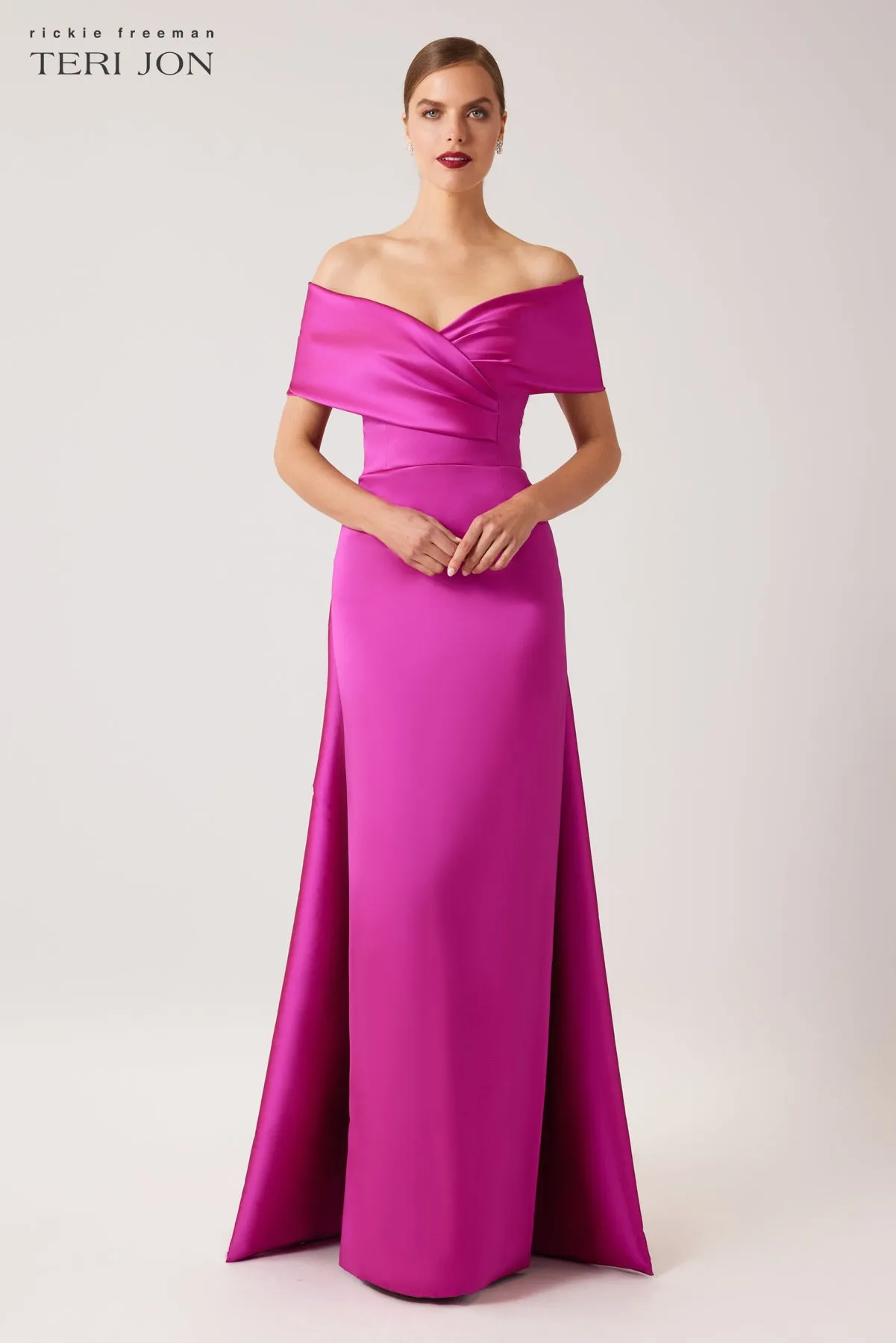 Stretch Gazar Portrait Gown With Attached Cape