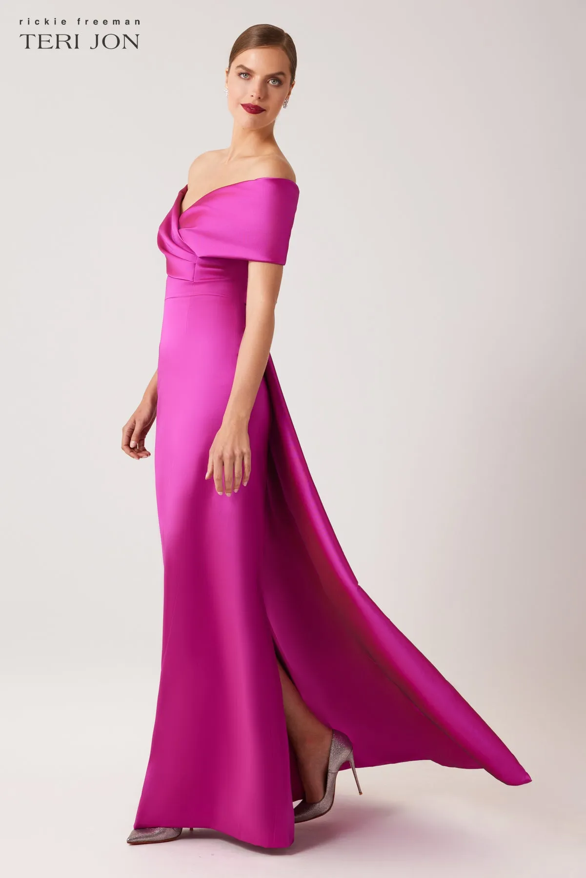 Stretch Gazar Portrait Gown With Attached Cape