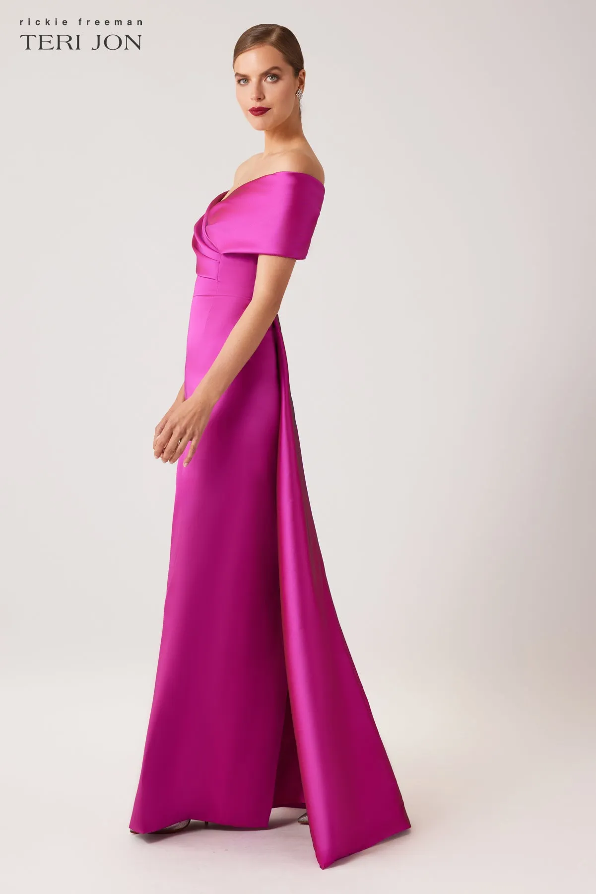 Stretch Gazar Portrait Gown With Attached Cape