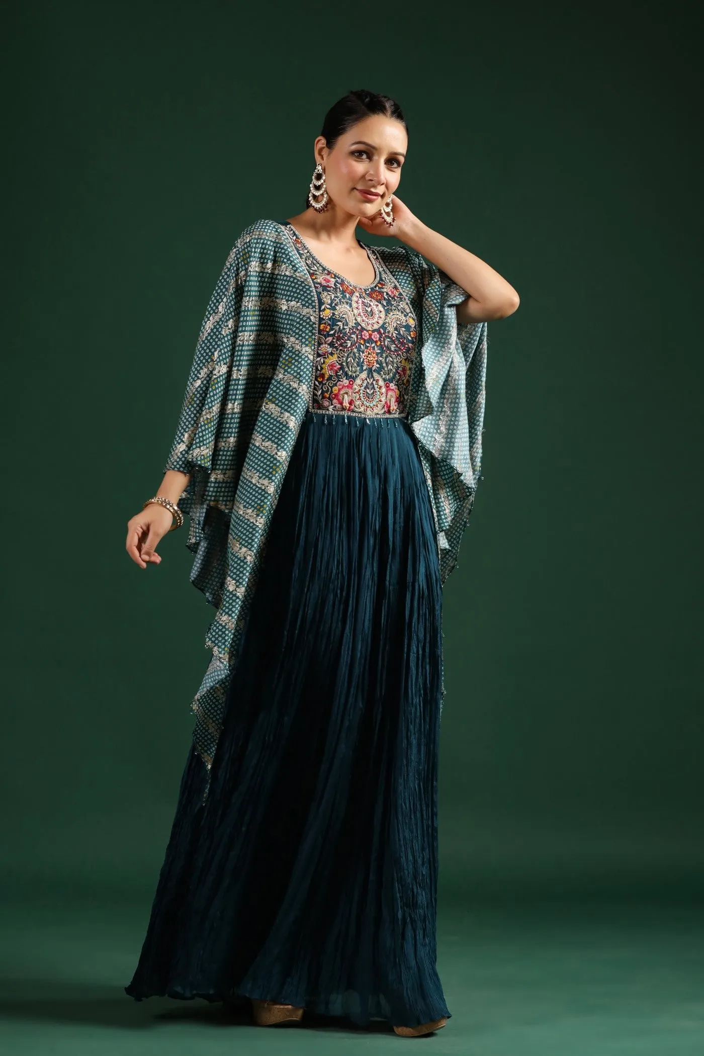 Teal Blue Bandhani Printed Gown