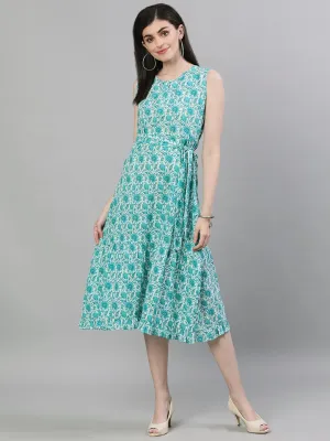 Women White Floral Printed Round Neck Cotton A-Line Dress